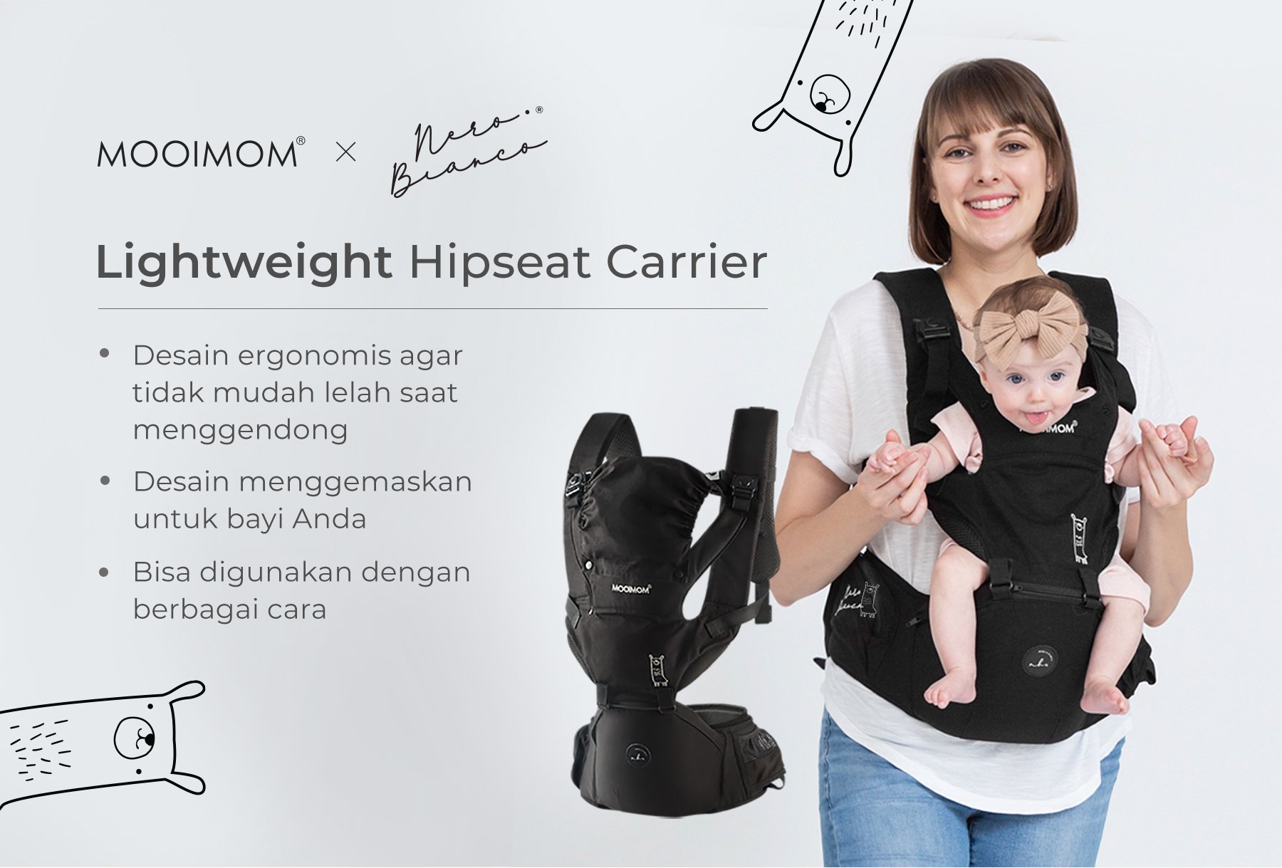 Nero Bianco Lightweight Hipseat Carrier - Gendongan Bayi Depan description image