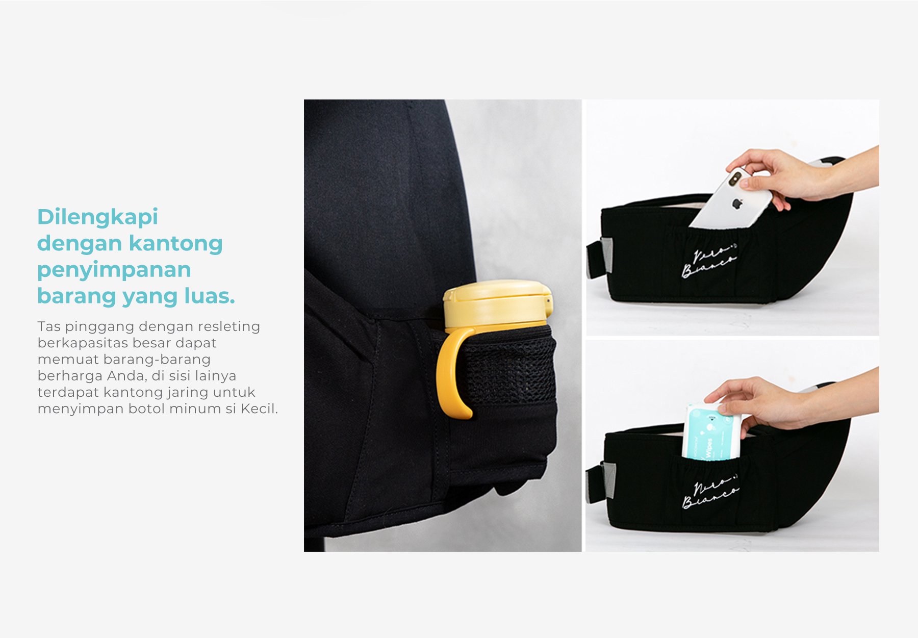 Nero Bianco Lightweight Hipseat Carrier - Gendongan Bayi Depan description image
