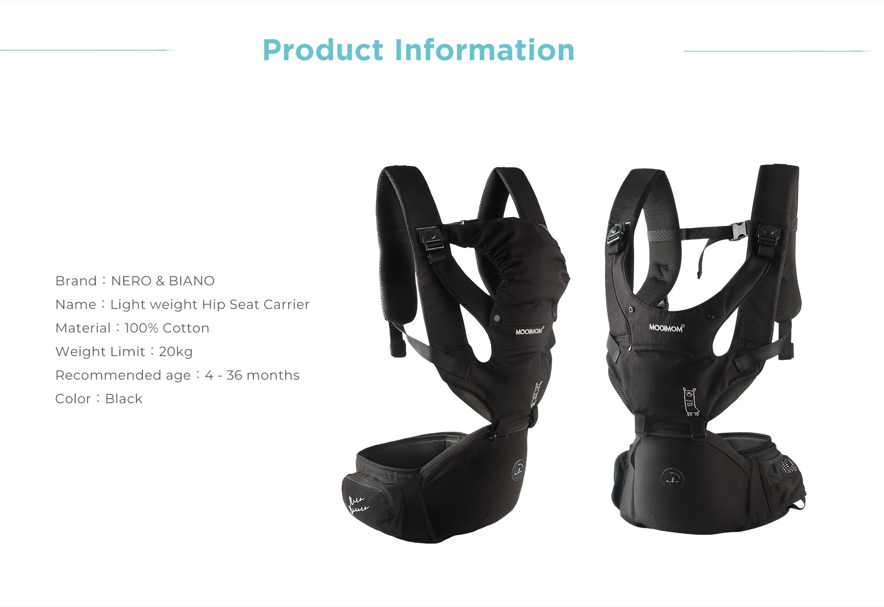 Nero Bianco Lightweight Hipseat Carrier - Gendongan Bayi Depan description image